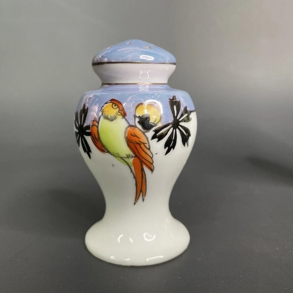 Vintage Lustreware Salt & Pepper Shaker Set Japan Porcelain Hand Painted Parrots